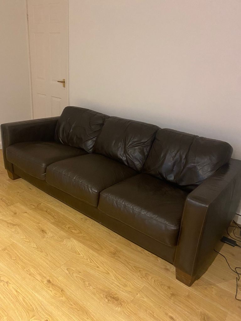 Brown Leather 3-Seater Sofa – Good Condition