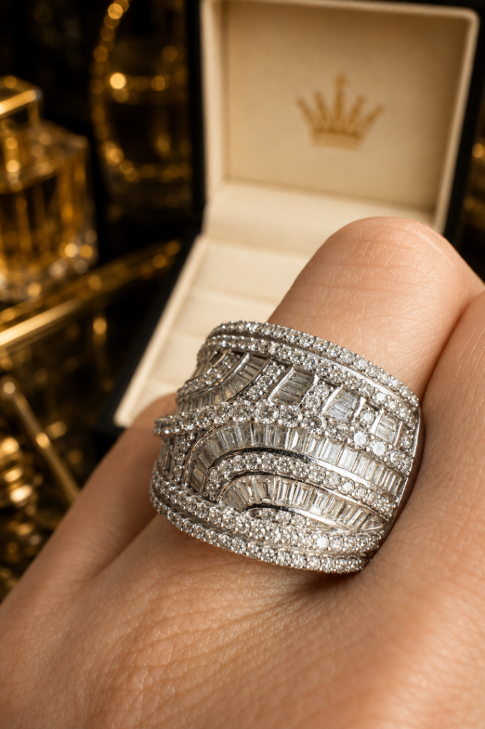 Heavy 1.50ct Natural Diamond Wave Statement Ring in 9ct White Gold
