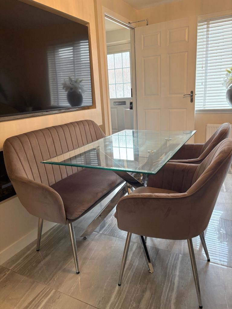 Glass dining table with bench and chairs