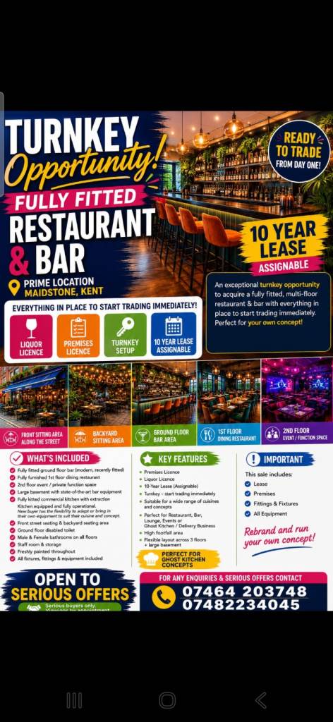 Turnkey Fully Fitted Restaurant & Bar Lease Opportunity