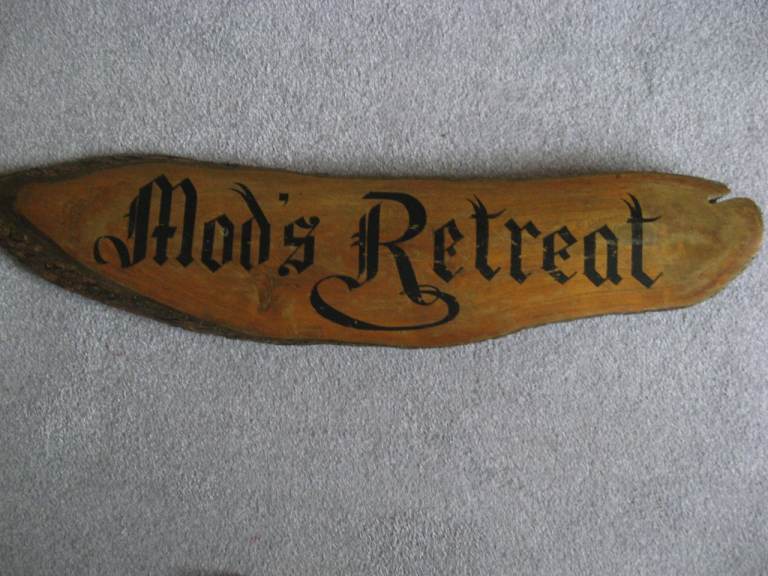 Old large wood tree  plaque from 1960's  MOD's RETREAT 29 x .6 inches