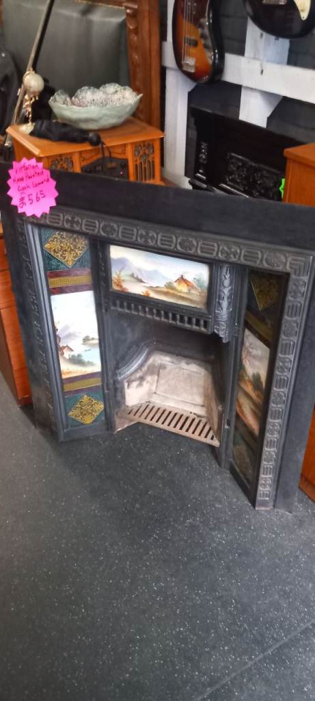 Victorian Cast Iron Fire Insert with Hand-Painted Loch Lomond Scenes