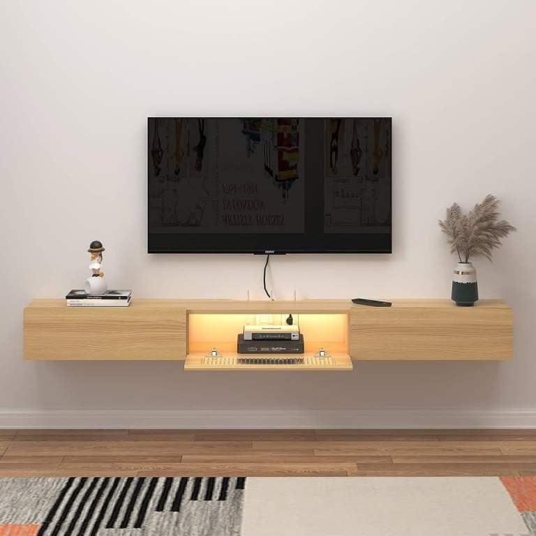 Floating TV Stand with LED Lights - Wall Mounted with Glass Door and 2 Drawers