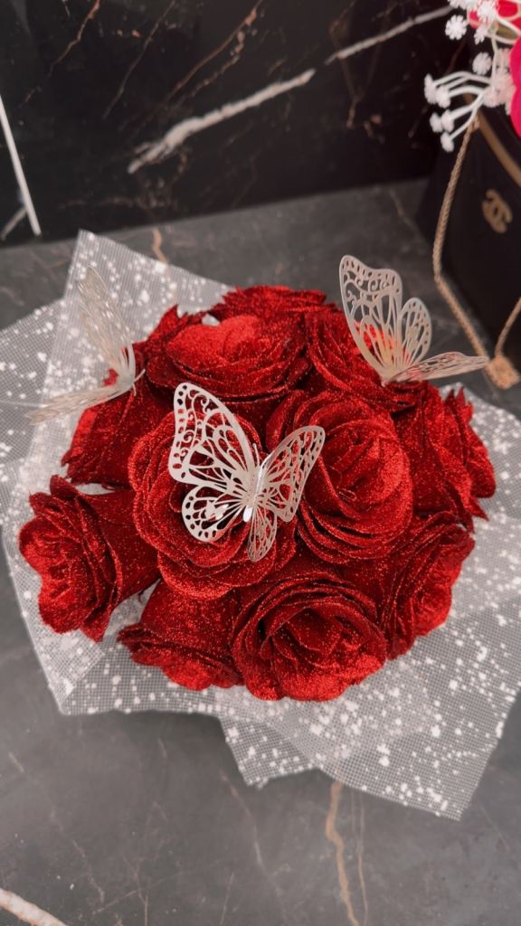Beautiful Red Fabric Rose Decoration with Butterfly Accents