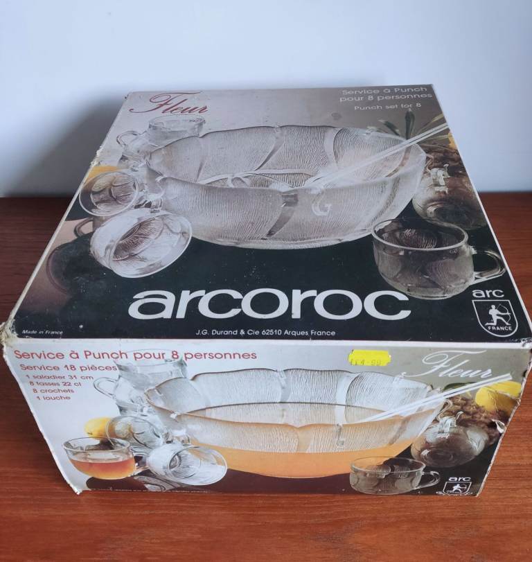 Arcoroc France Vintage 1970s Glass Punch Bowl Set for 8