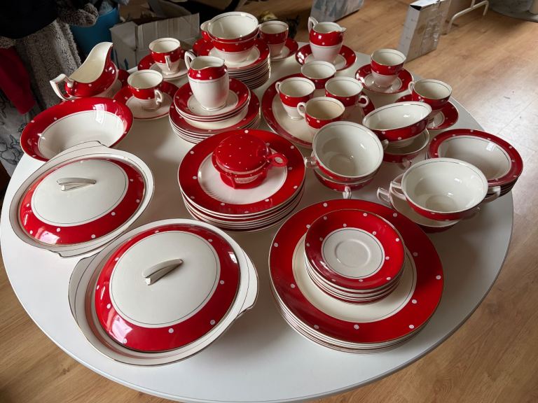 Vintage Crownford Burslem Dinner Set- Red Polka Dot With Gold Trim