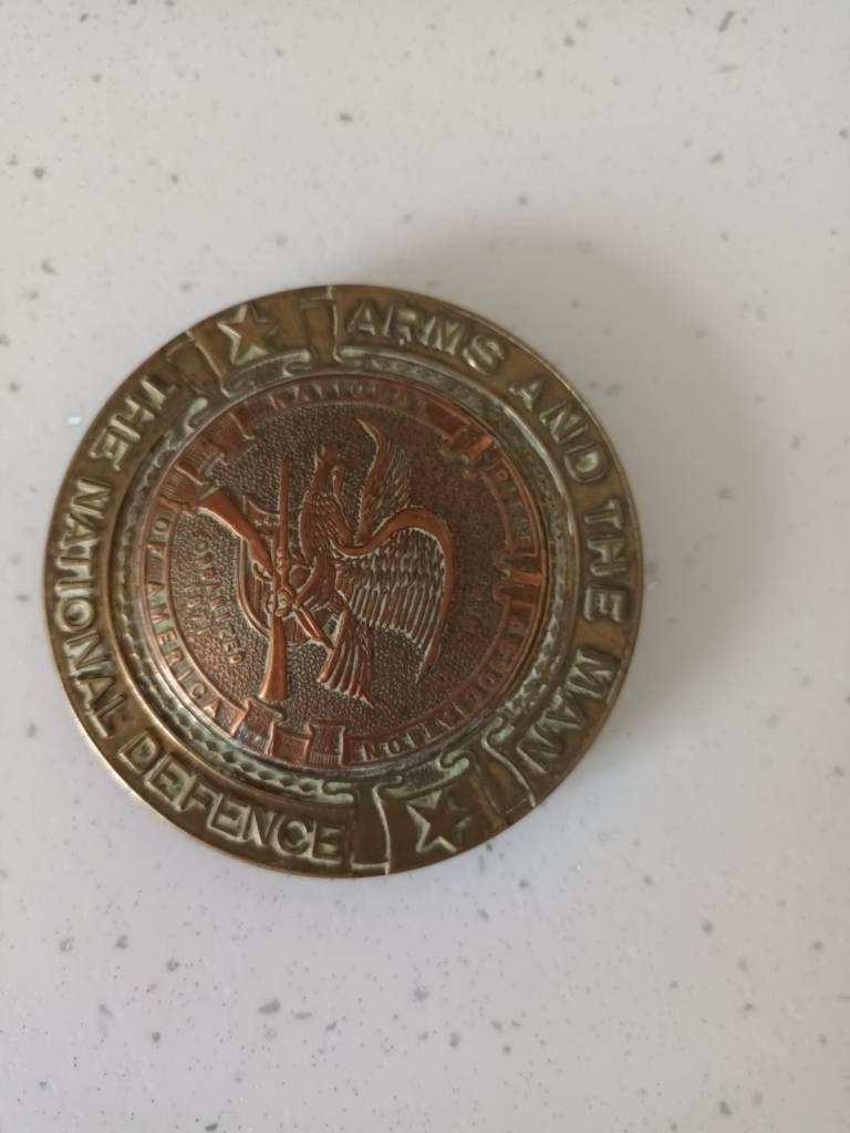 VINTAGE BELT BUCKLE ARMS AND THE MAN NRA national rifle association USA