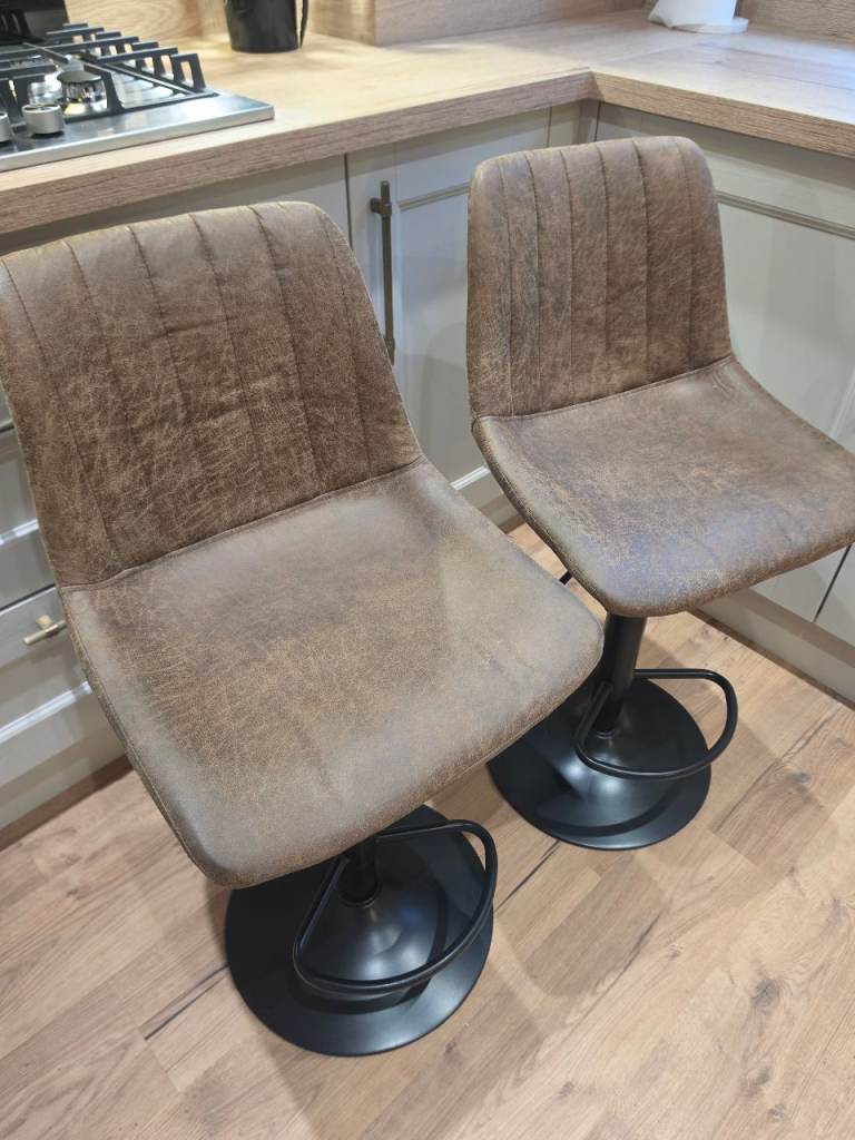 Pair of Brown Fabric Bar Stools with Black Bases – As Good As New
