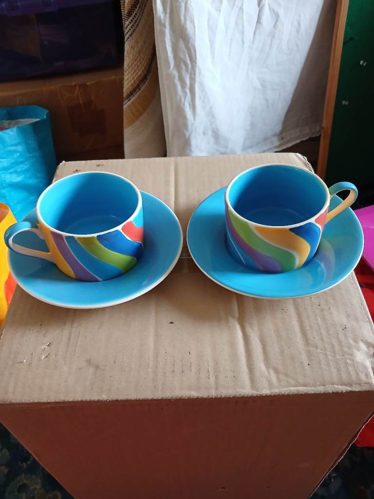 Whittard Blue & Rainbow Striped Tea Cups and Saucers - Good Condition