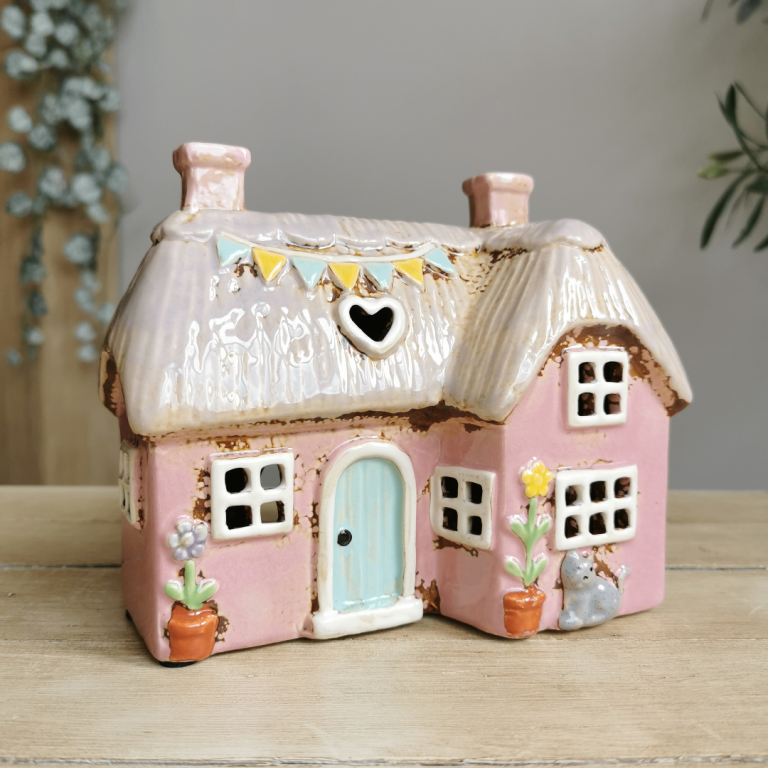 Pink Ceramic House Tealight Holder, Village Pottery