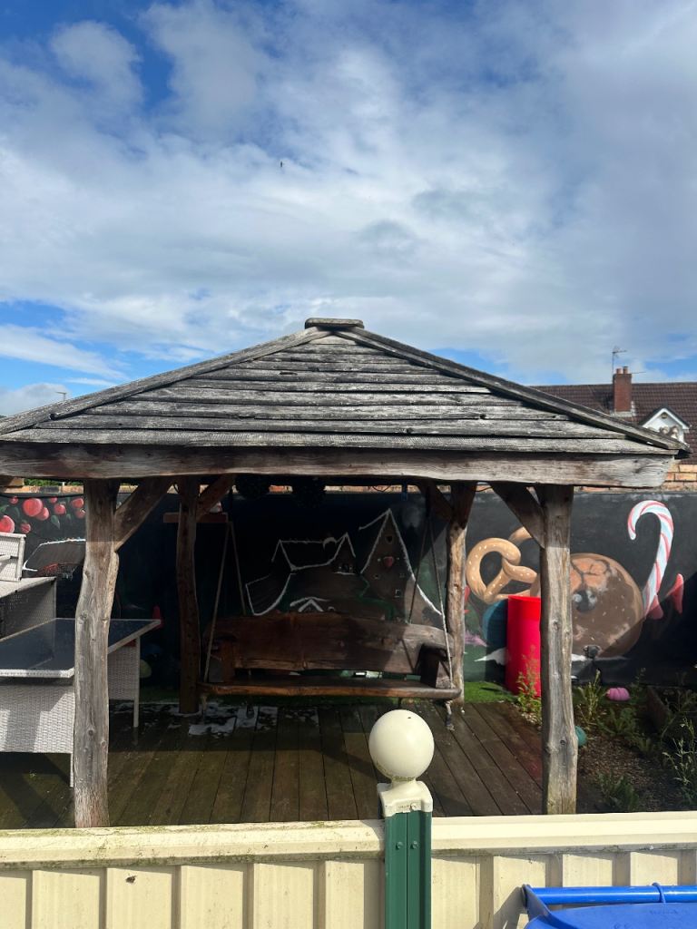 Wooden gazebo & swing 