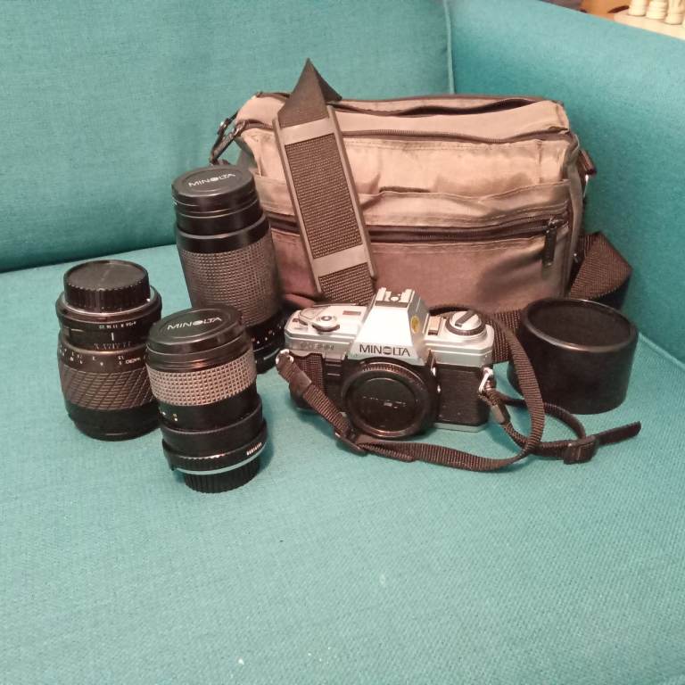Minolta SLR Camera with Lenses and Carry Bag