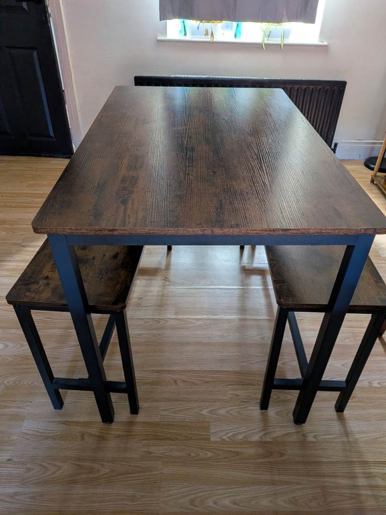 Dining Table with Two Benches – Wood and Metal, Good Condition