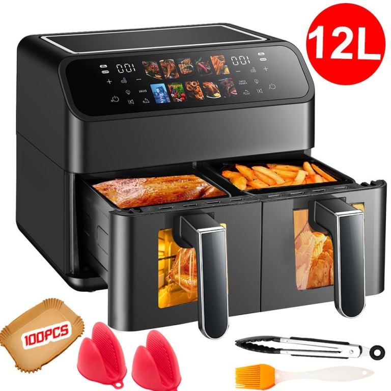 12L Dual Zone Digital Air Fryer Oven Cooker Oil Free Low Fat with 100 Tray Large