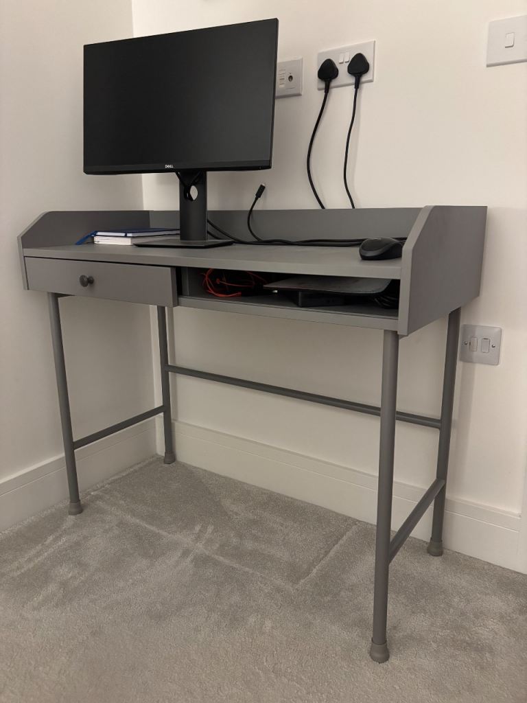 Grey Desk with Drawer and Shelf – Good Condition