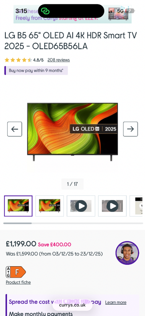 CAN DELIVER,SAVE £520 RRP £1399 BRAND NEW SEALED  LG B5 65” OLED EVO AI 4K HDR SMART TV OLED65B56LA 