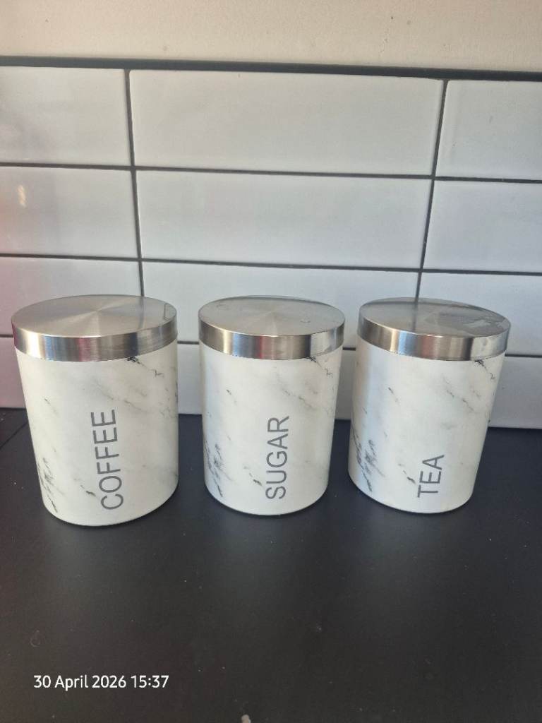 Marble Effect Plastic Set Of 3 Airtight Tea Coffee Sugar Canisters  Storage Jars 