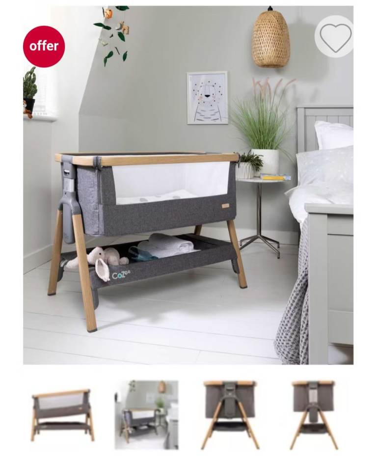 Tutti Bambini CoZee Bedside Crib - Grey Fabric brand new next to me