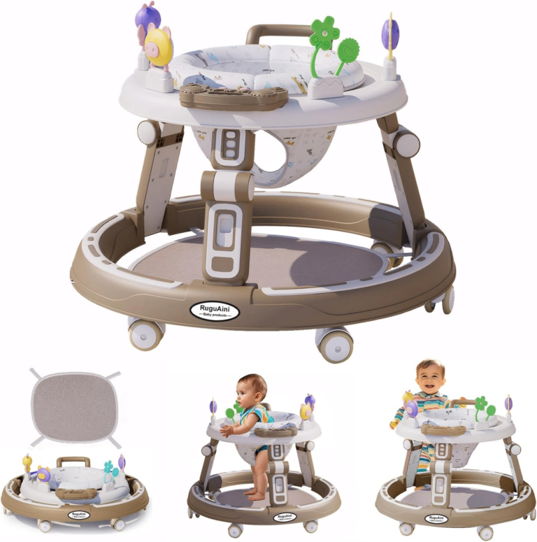 360° Rotating Seat Baby Walkers Music Toddler Push Along Walker Foldable, Height Adjustable