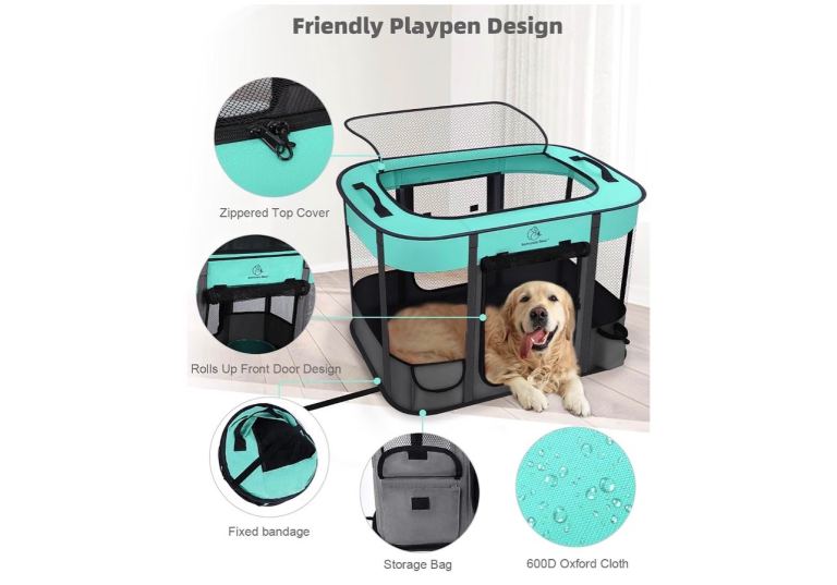 ROMANTIC BEAR Foldable Dog pen,Portable cat pen,Green,L(100 * 80 * 60cm)