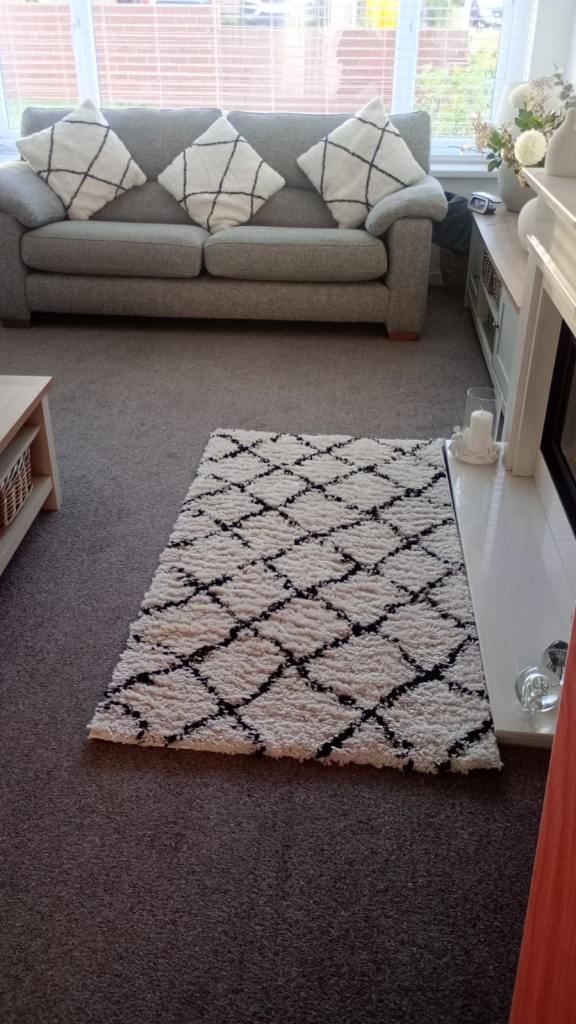 Rug and Matching cushions—Black and White Geometric Pattern Rug – Good Condition