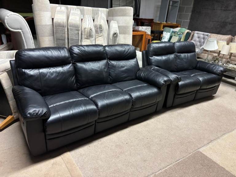 RECLINER Black Leather 2 and 3 Seater Sofas 