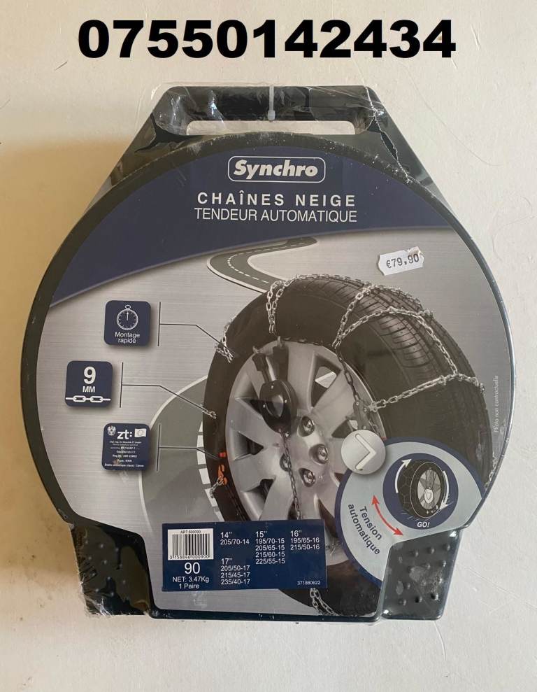Synchro Snow Chains 9mm New/Sealed 14" 15" 16" 17"Inch,Automatic Tensioner 
