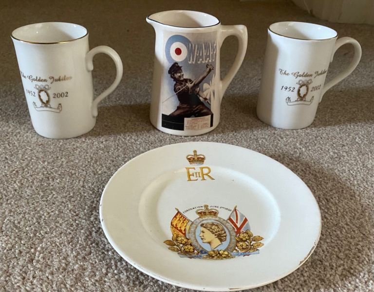 WAAF Hendon collecots mug, Royal Golden Anniversay and Coronation ceramic pieces