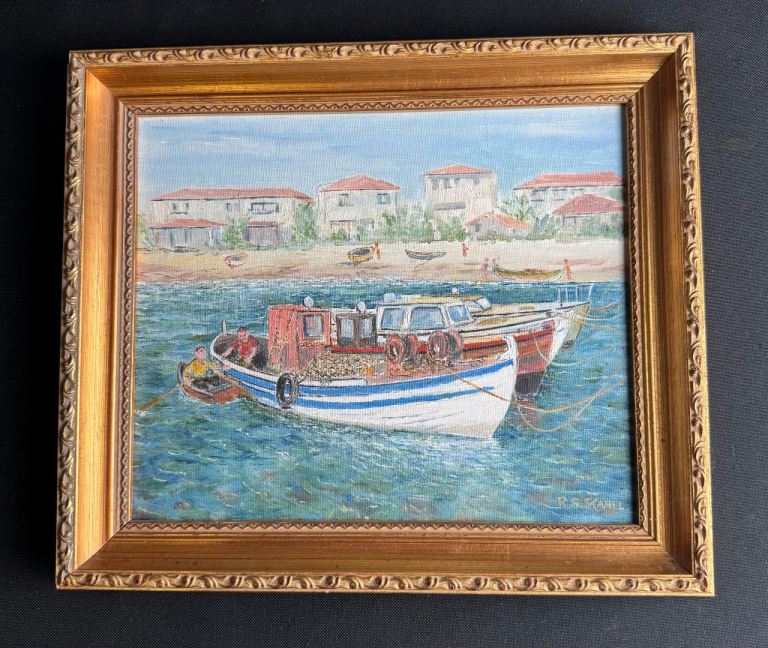 Original Signed Oil Painting “R. S. Kahel” Coastal Harbour Scene Framed