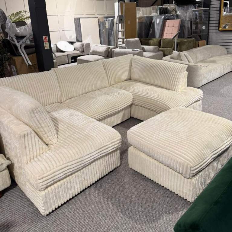 Brand New U-Shape Sofa with Free Matching Footstool – Cord Fabric