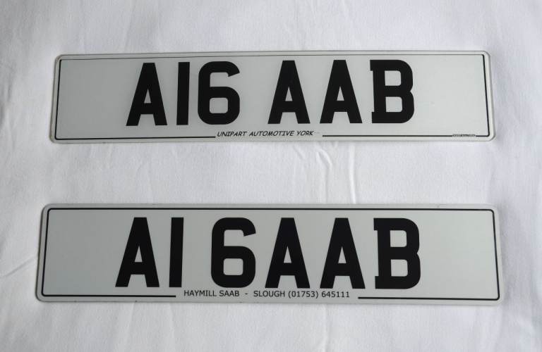 PRIVATE NUMBER PLATE :  A16 AAB. FOR SAAB POST-1983. 900, 9000, A1 SAAB, ON V778 RETENTION DOCUMENT