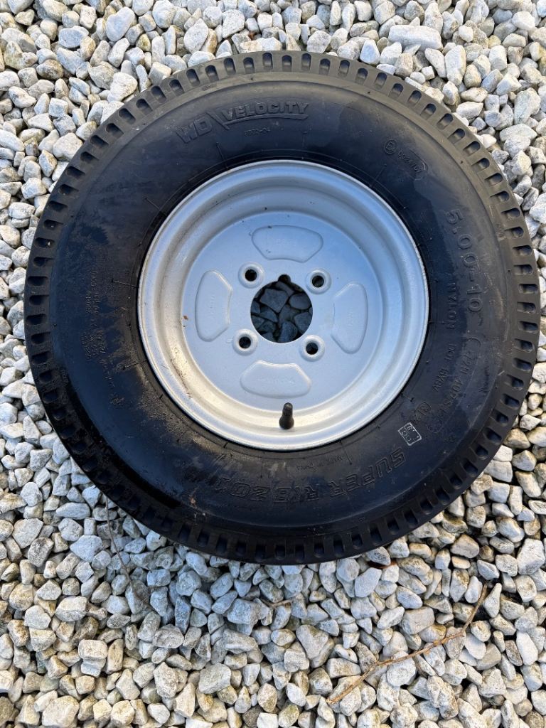 Pair of brand-new super rib 5.00-10 trailer tyres on steel wheels
