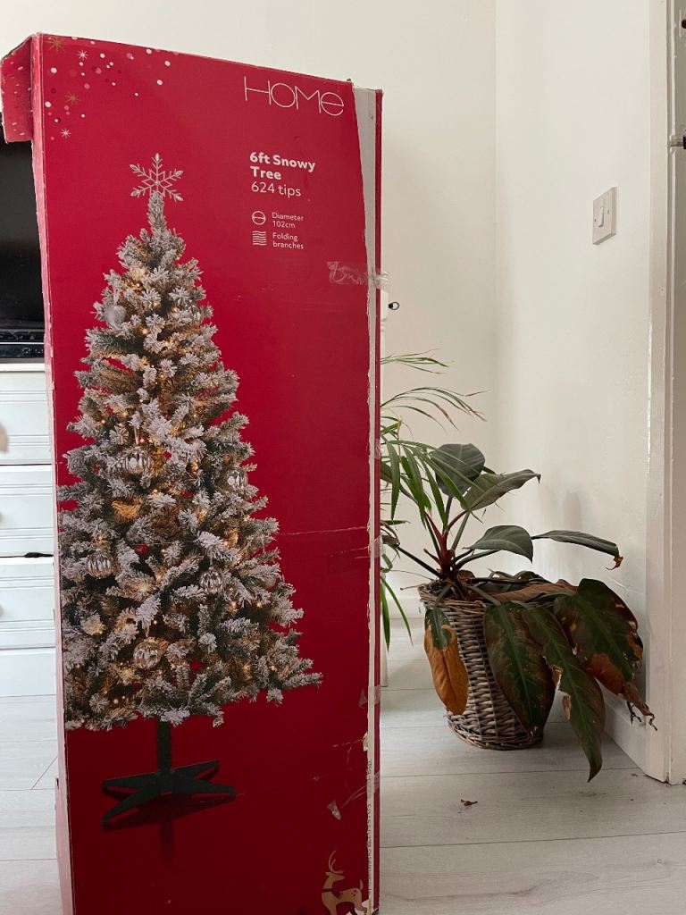 6ft Snowy White Christmas Tree + Lights + Bag of Decorations – Boxed