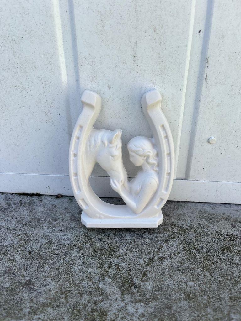 Ceramic Horseshoe Horse and Lady Figurine – White