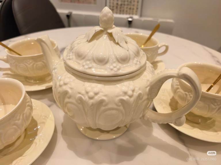 Vintage Cream White Porcelain Afternoon Tea Set - Teapot, 4 Cups, Saucers & Rose Spoon Set