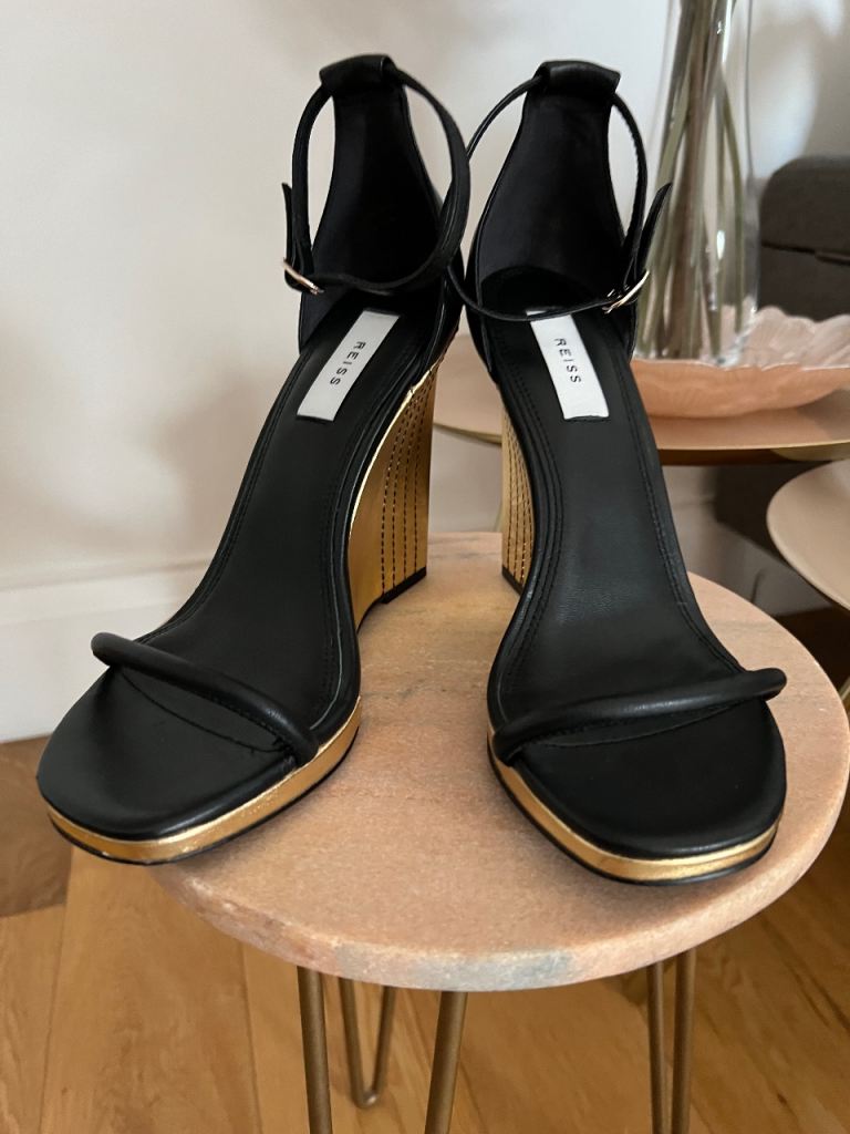 Reiss Ashten Black/Gold Wedge Heels - Size UK 5 RRP £168