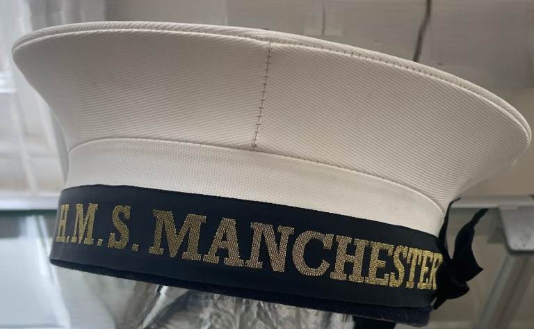 image for Vintage British Royal Navy Rating Hat with HMS Manchester Cap Tally