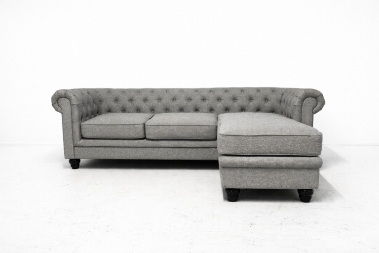 Grey Chesterfield Style Corner Sofa with Chaise Footstool - Delivery Available