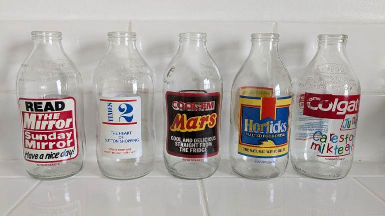 Vintage Milk Bottles with Advertising Labels – Set of 5