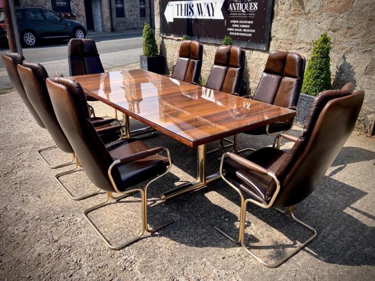 Pieff Leather Chairs & Boardroom Rosewood Dining Table by Tim Bates Glass MCM Mid Century Modern