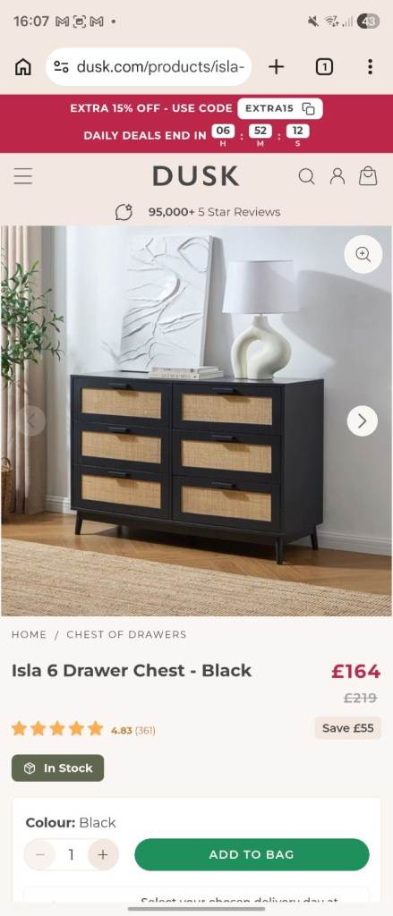 Dusk Isla 6 Drawer Chest of Drawers in Black/Rattan New