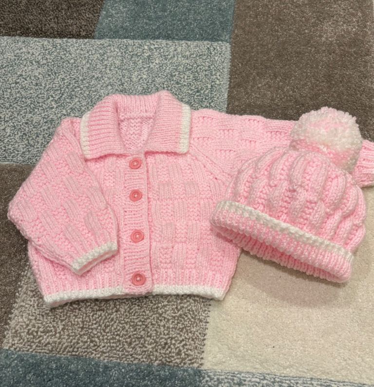image for New hand knitted baby pink collared cardigan and hat 3-6m
