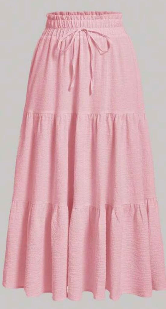 New Size Medium Will Fit Size 10,12,14 Petite Pink Tiered Maxi Skirt, Elasticated Waist, Stretchy