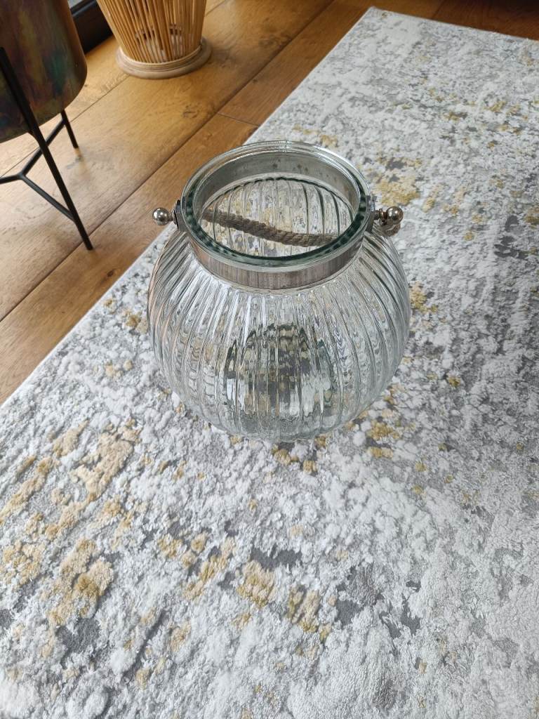 Large Ribbed Glass Candle Holder / Lantern – Silver Metal Handle