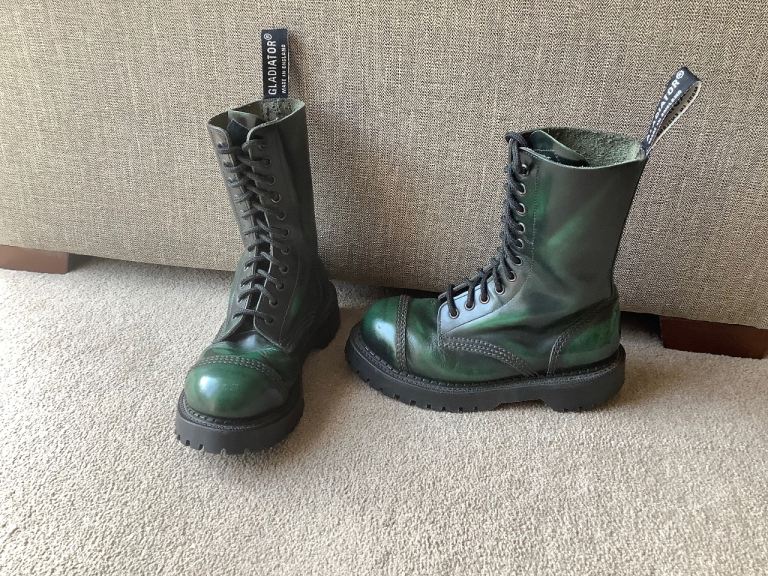 Quality GLADIATOR Steel Green ‘Rub Off’ Goth/Punk/Rock, Leather Boots UK4. Rare Bargain