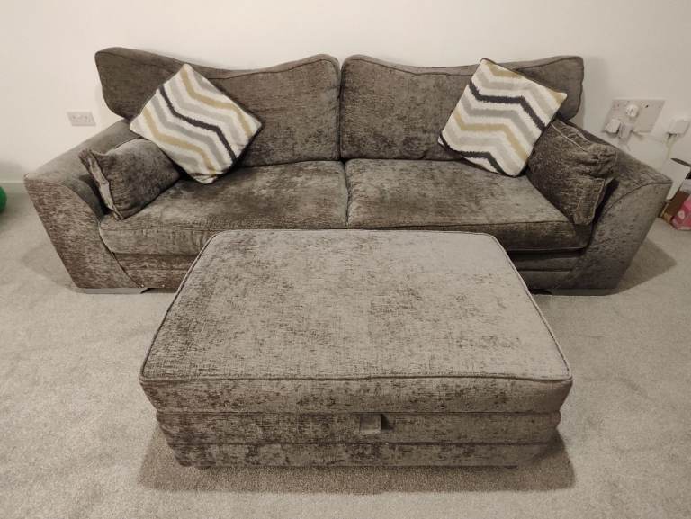 Grey 3 seater sofa and large footrest/storage