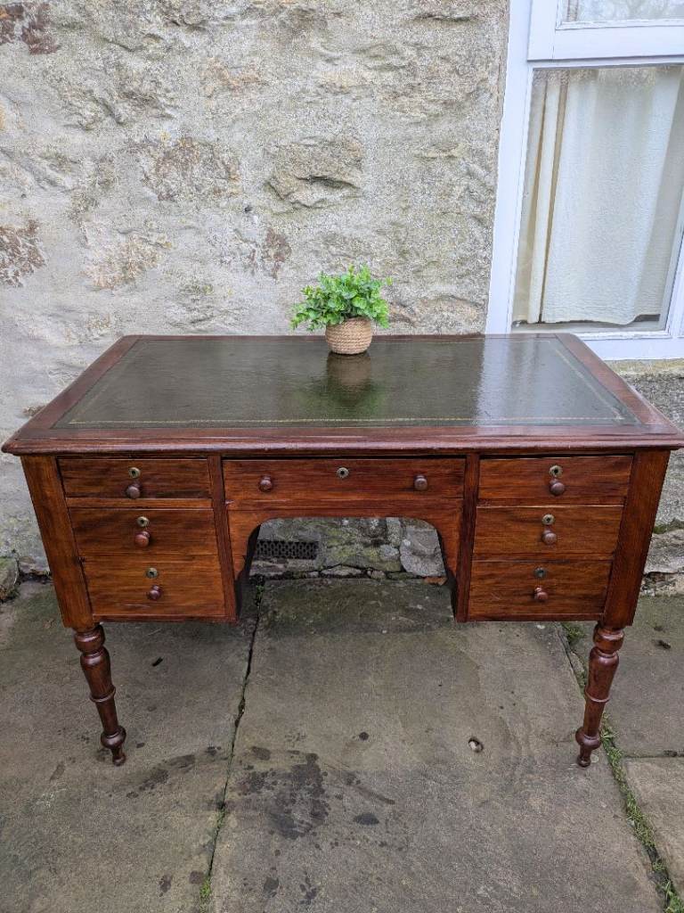 Antique Green Leather Top Writing Desk 
