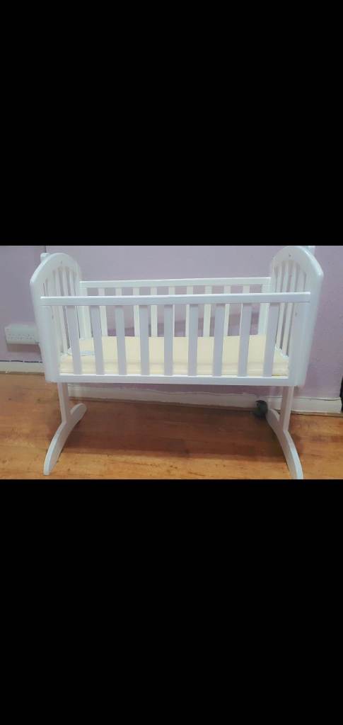 White Wooden Baby Bassinet with Mattress – Good Condition