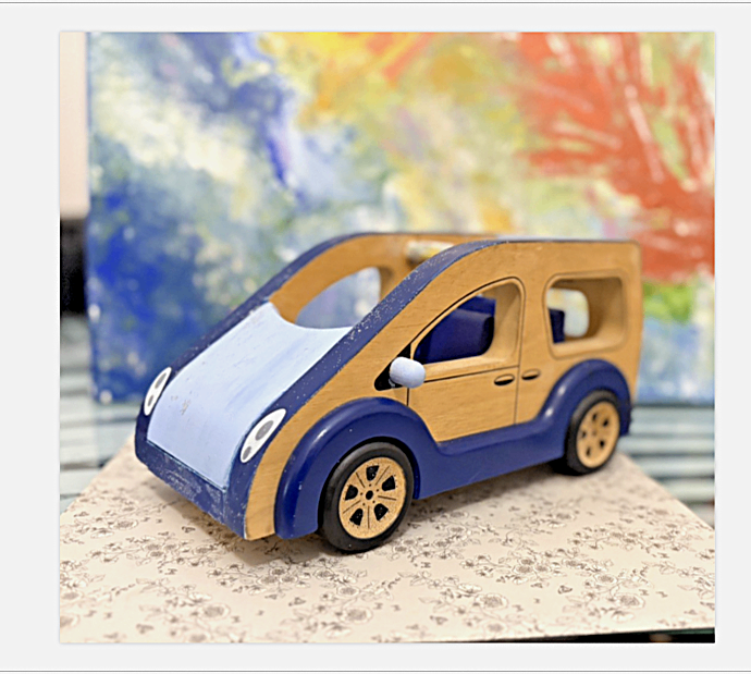 John Crane/Pintoy solid wood  family car. Scale 1:12, a 4 seater, used VGC, blue- dolls house add-on