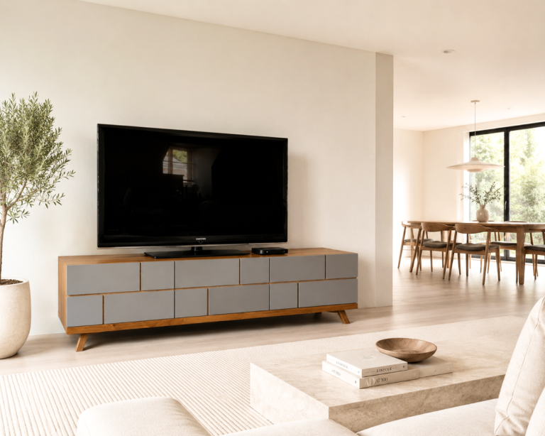 Mid Century Dwell Media Unit / TV Cabinet Walnut Veneer & Stone Gloss Lacquer